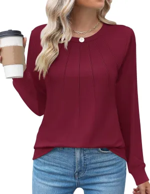 Kistore Womens Long Sleeve Tops Crew Neck Pleated Casual Dressy Blouses T Shirts Fall Clothes 2024