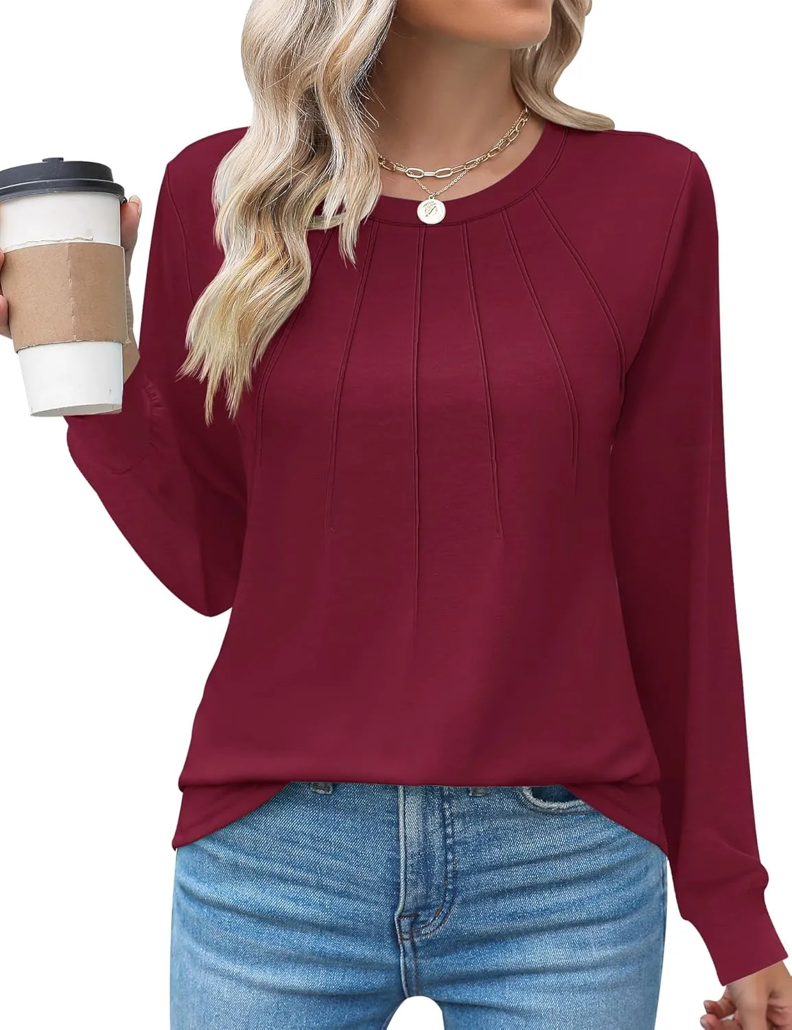 Kistore Womens Long Sleeve Tops Crew Neck Pleated Casual Dressy Blouses T Shirts Fall Clothes 2024