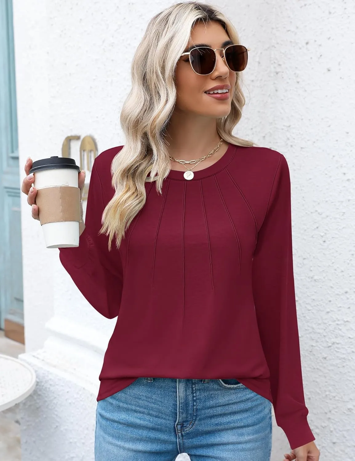 Kistore Womens Long Sleeve Tops Crew Neck Pleated Casual Dressy Blouses T Shirts Fall Clothes 2024