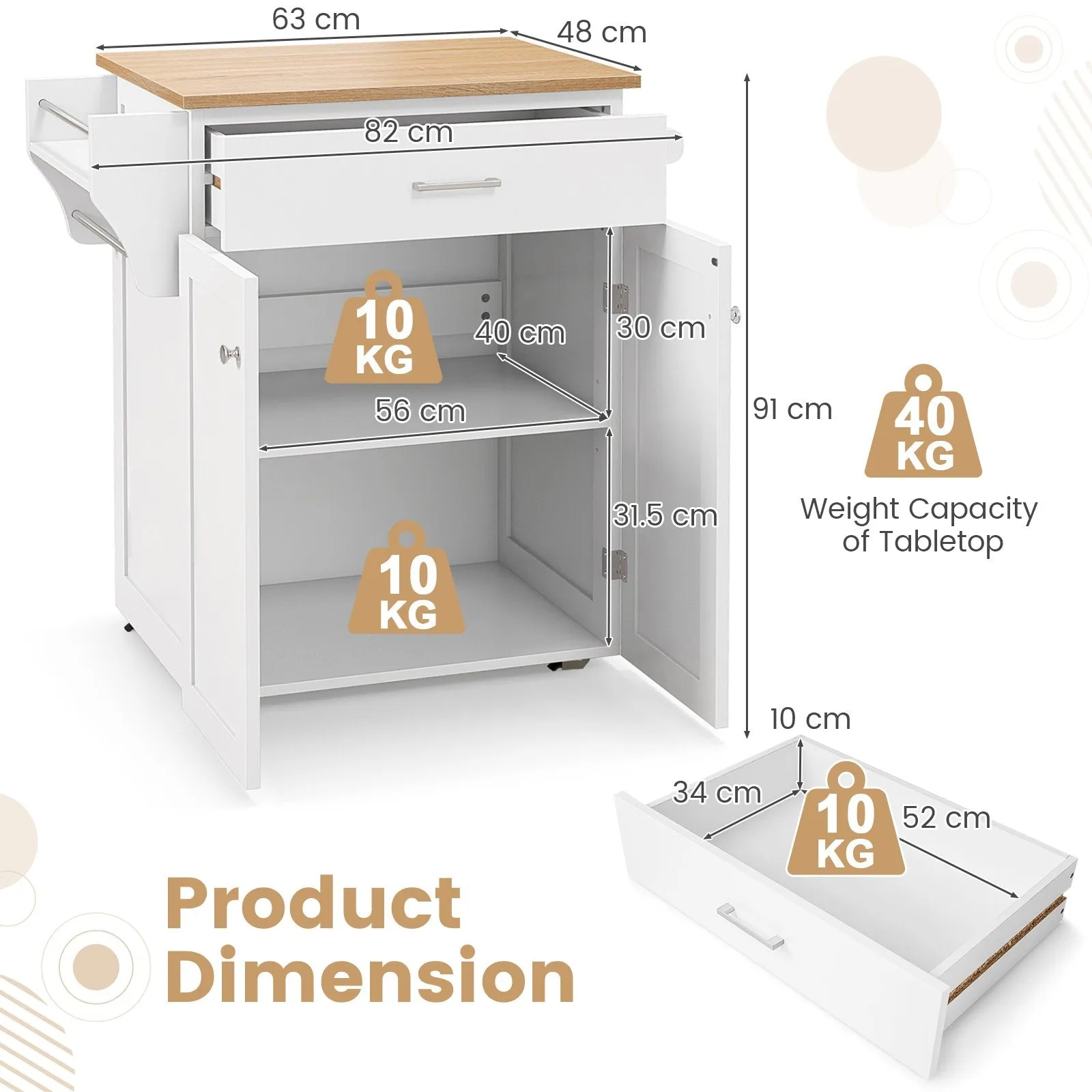Kitchen Island on Wheels Rolling Kitchen Cart with Drawer and Storage Cabinet-White