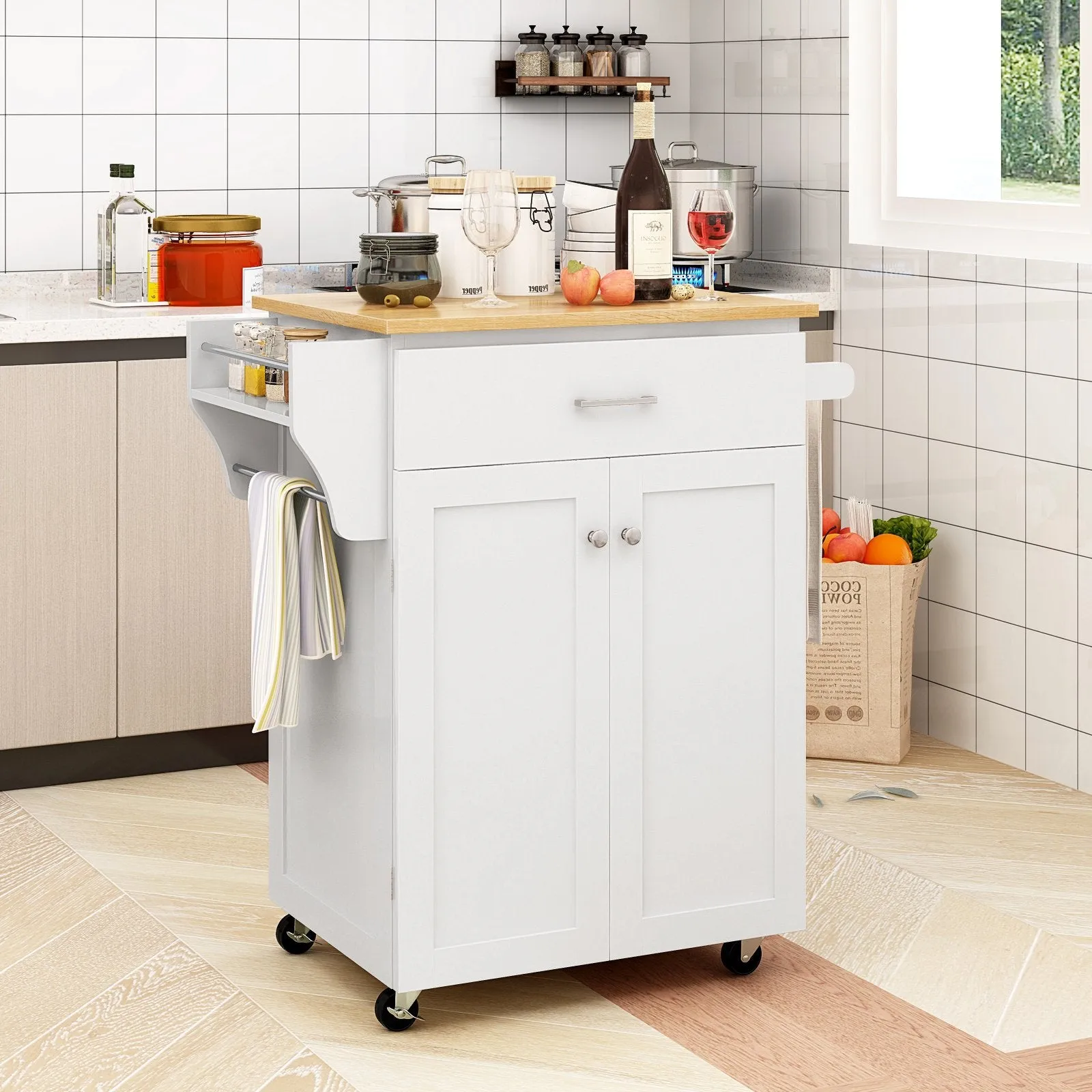 Kitchen Island on Wheels Rolling Kitchen Cart with Drawer and Storage Cabinet-White