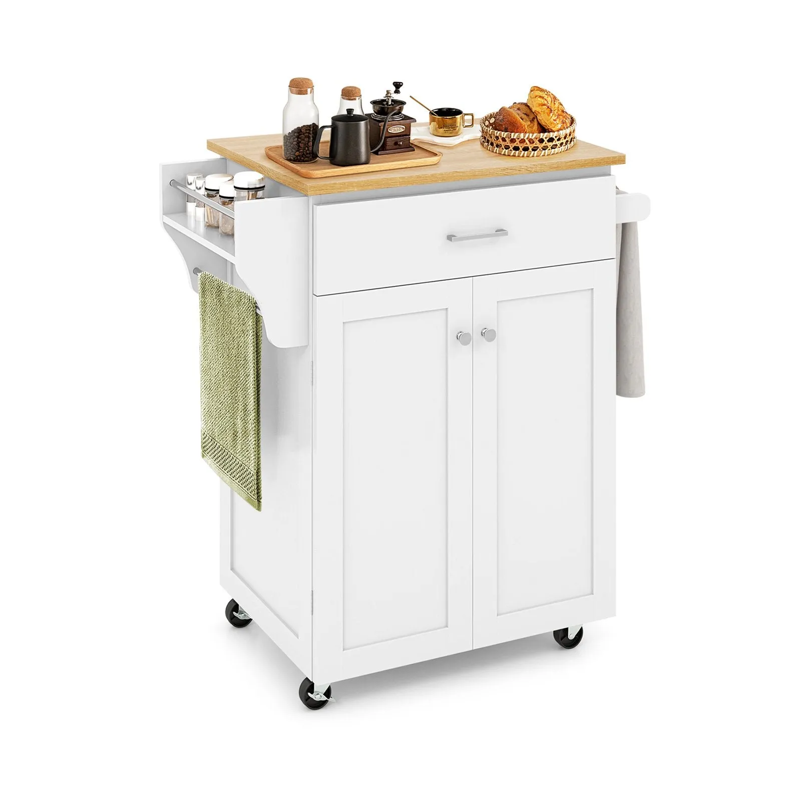 Kitchen Island on Wheels Rolling Kitchen Cart with Drawer and Storage Cabinet-White