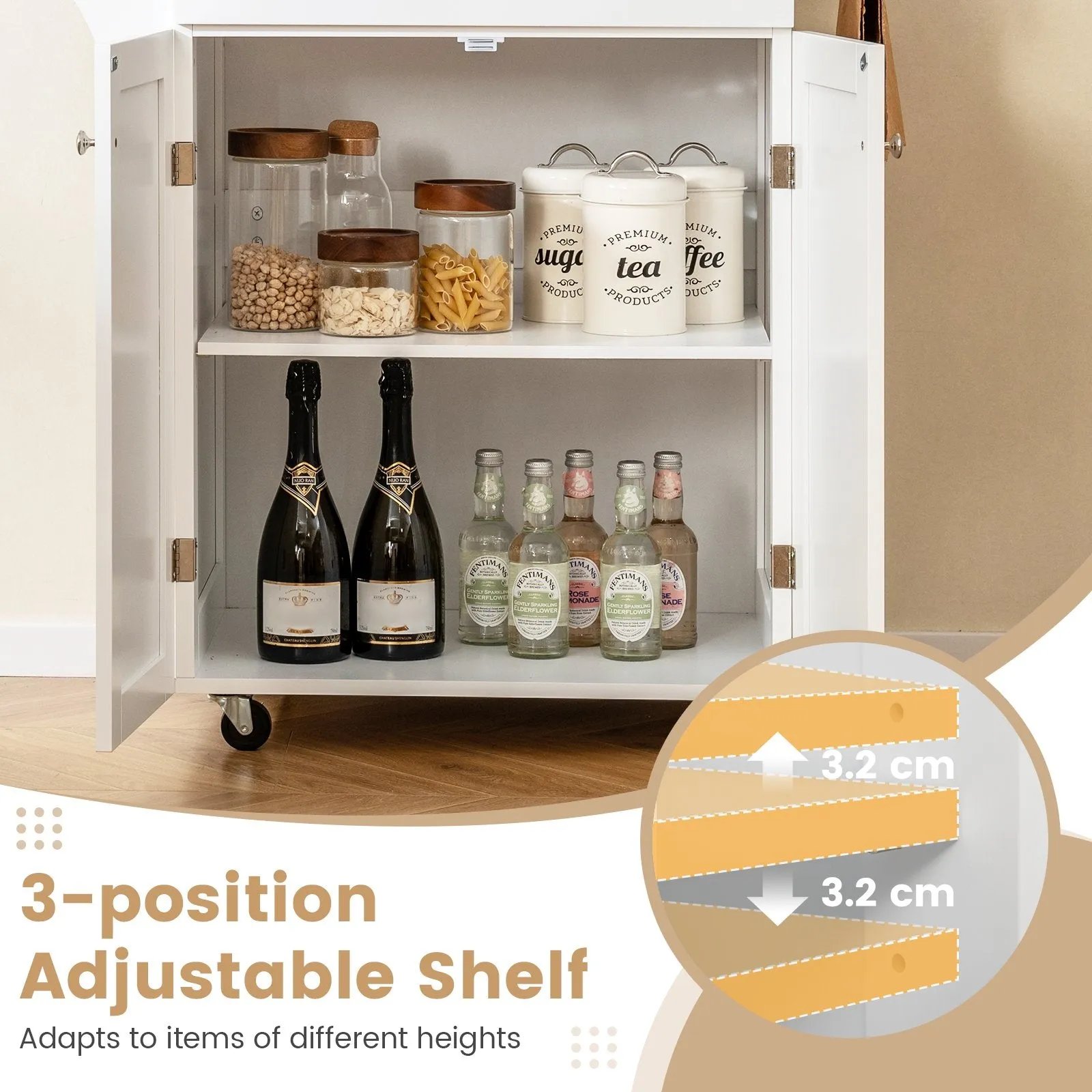 Kitchen Island on Wheels Rolling Kitchen Cart with Drawer and Storage Cabinet-White