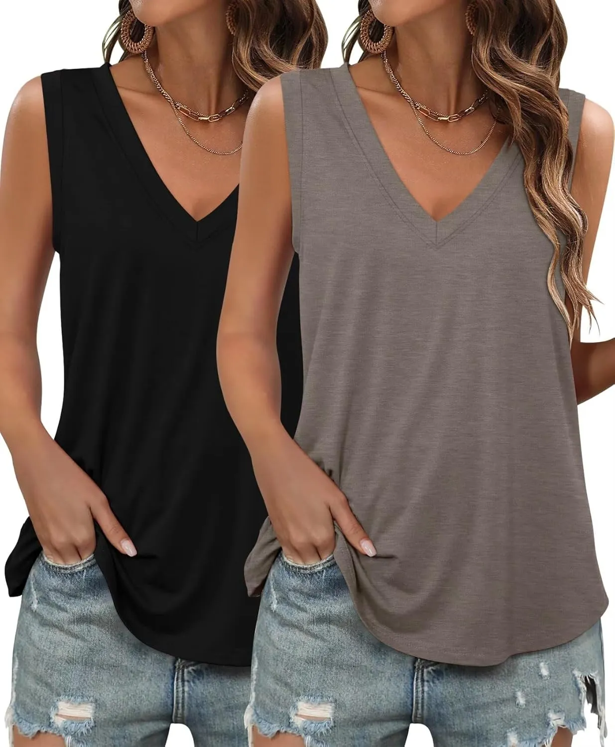 KKJ 2 Pack Womens Tank Tops 2025 Summer V Neck Sleeveless Loose Fit Casual Beach Vacation Outfits Shirt Trendy Cruise Clothes