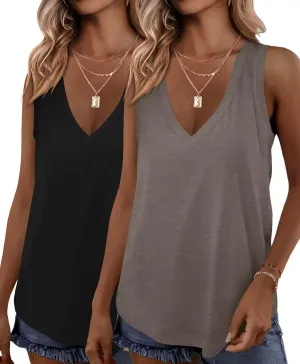 KKJ 2 Pack Womens Tank Tops 2025 Summer V Neck Sleeveless Loose Fit Casual Beach Vacation Outfits Shirt Trendy Cruise Clothes