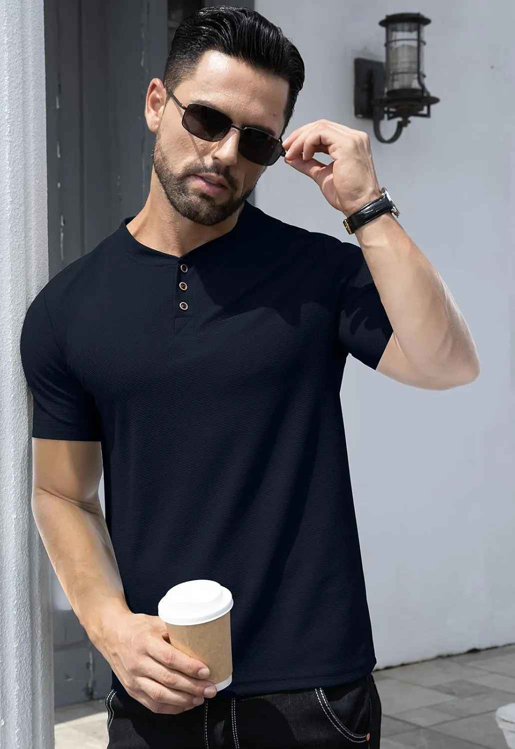 KUYIGO Men's Slim Fit Henley Shirts Short Long Sleeve Casual Tight Solid Waffle Fashion T-Shirts Tops
