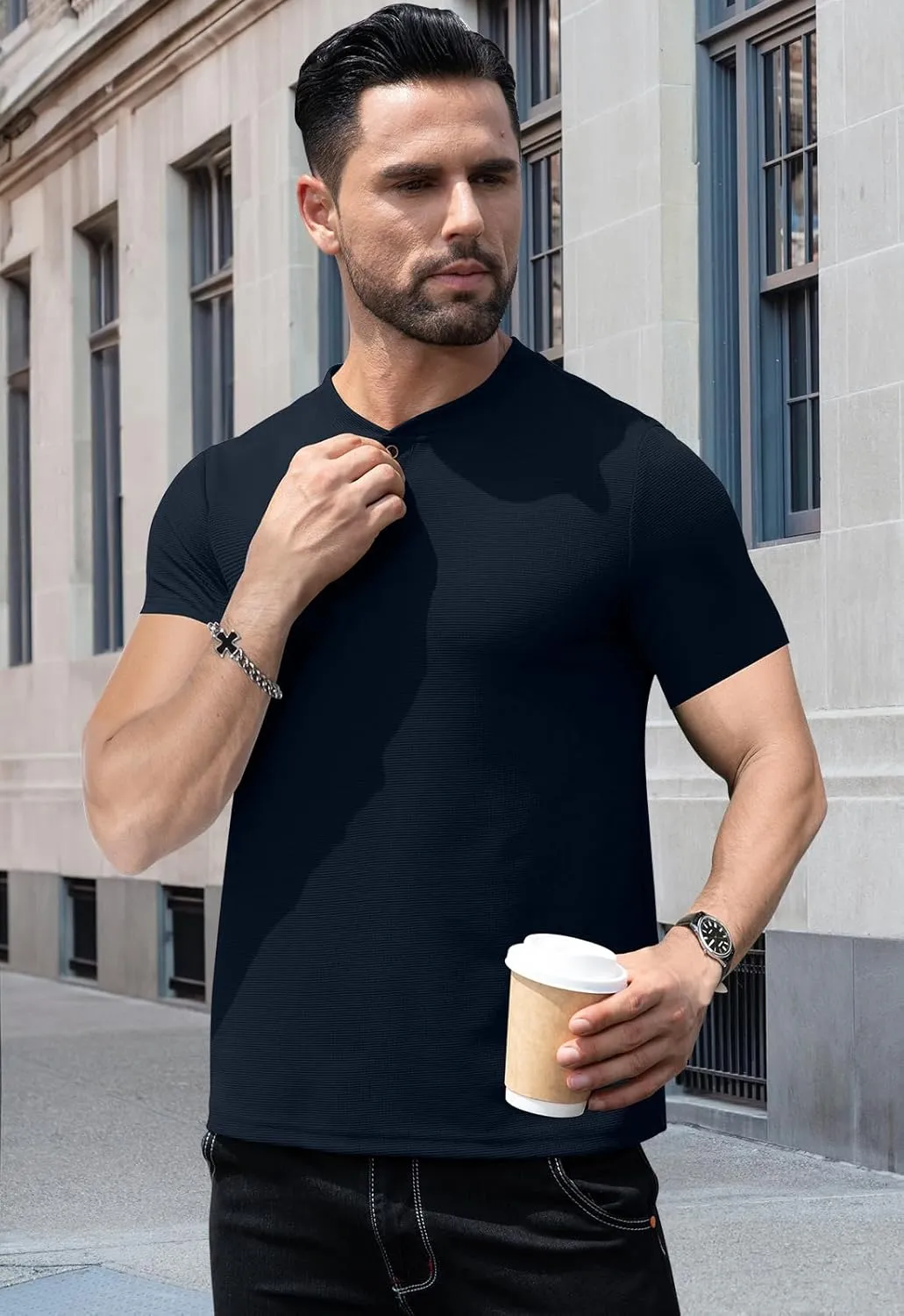 KUYIGO Men's Slim Fit Henley Shirts Short Long Sleeve Casual Tight Solid Waffle Fashion T-Shirts Tops