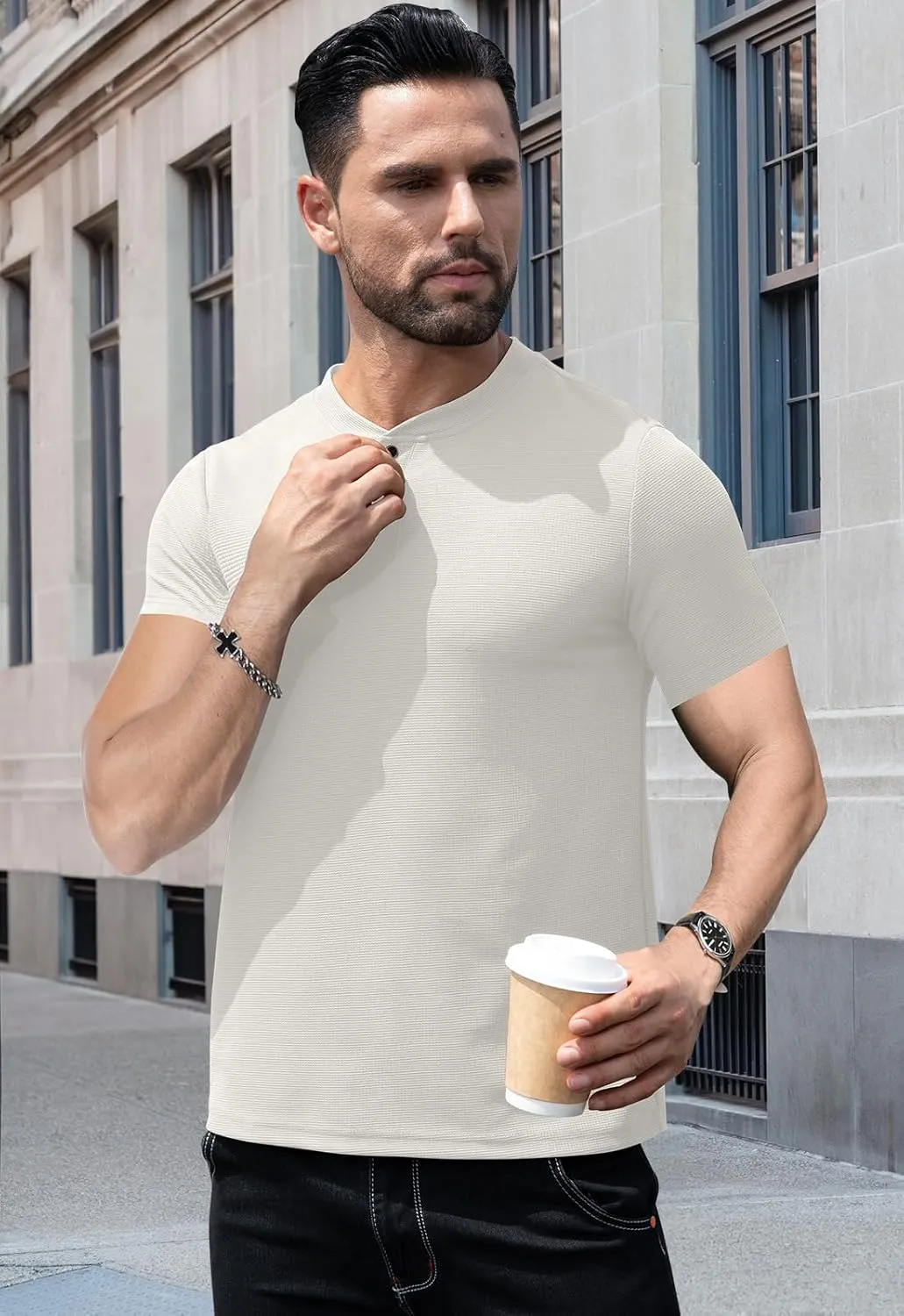 KUYIGO Men's Slim Fit Henley Shirts Short Long Sleeve Casual Tight Solid Waffle Fashion T-Shirts Tops