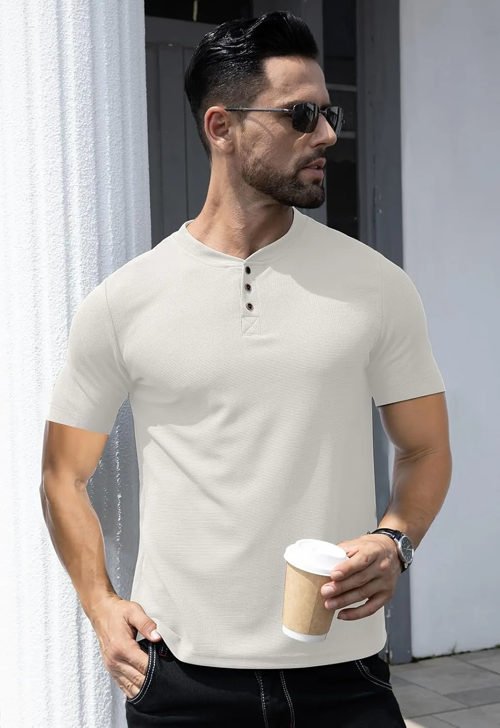 KUYIGO Men's Slim Fit Henley Shirts Short Long Sleeve Casual Tight Solid Waffle Fashion T-Shirts Tops