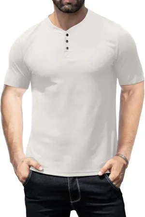 KUYIGO Men's Slim Fit Henley Shirts Short Long Sleeve Casual Tight Solid Waffle Fashion T-Shirts Tops