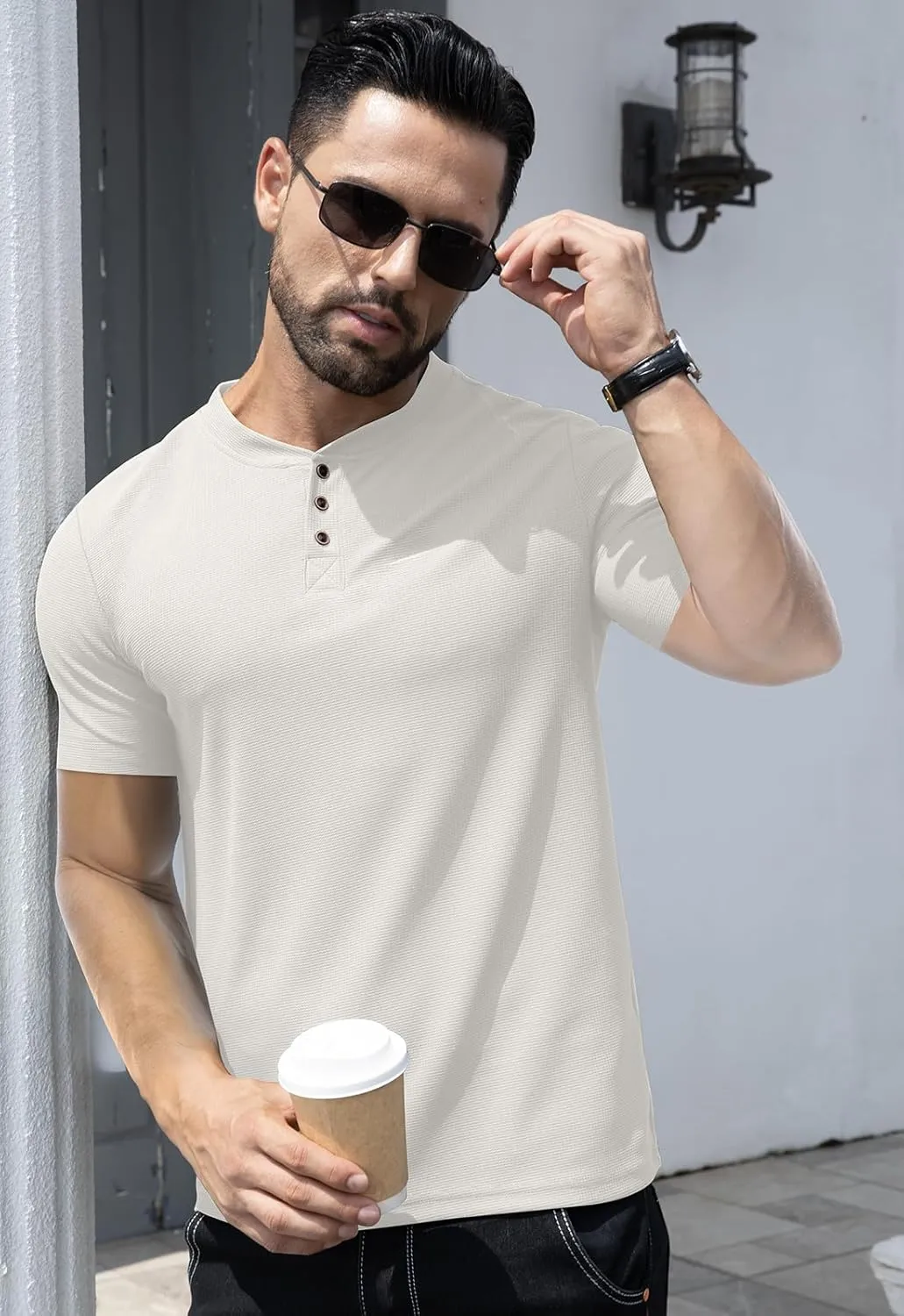 KUYIGO Men's Slim Fit Henley Shirts Short Long Sleeve Casual Tight Solid Waffle Fashion T-Shirts Tops