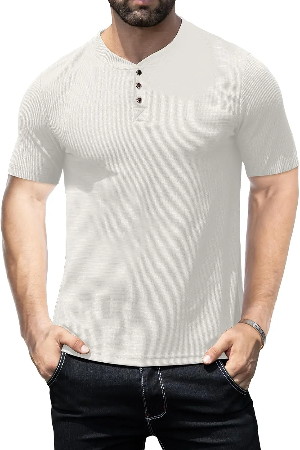 KUYIGO Men's Slim Fit Henley Shirts Short Long Sleeve Casual Tight Solid Waffle Fashion T-Shirts Tops