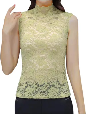 Lace Tops for Women Mock Neck Sleeveless Top Plus Size Shirts Casual Blouses Mesh Tunic Tees Fashion Pullovers