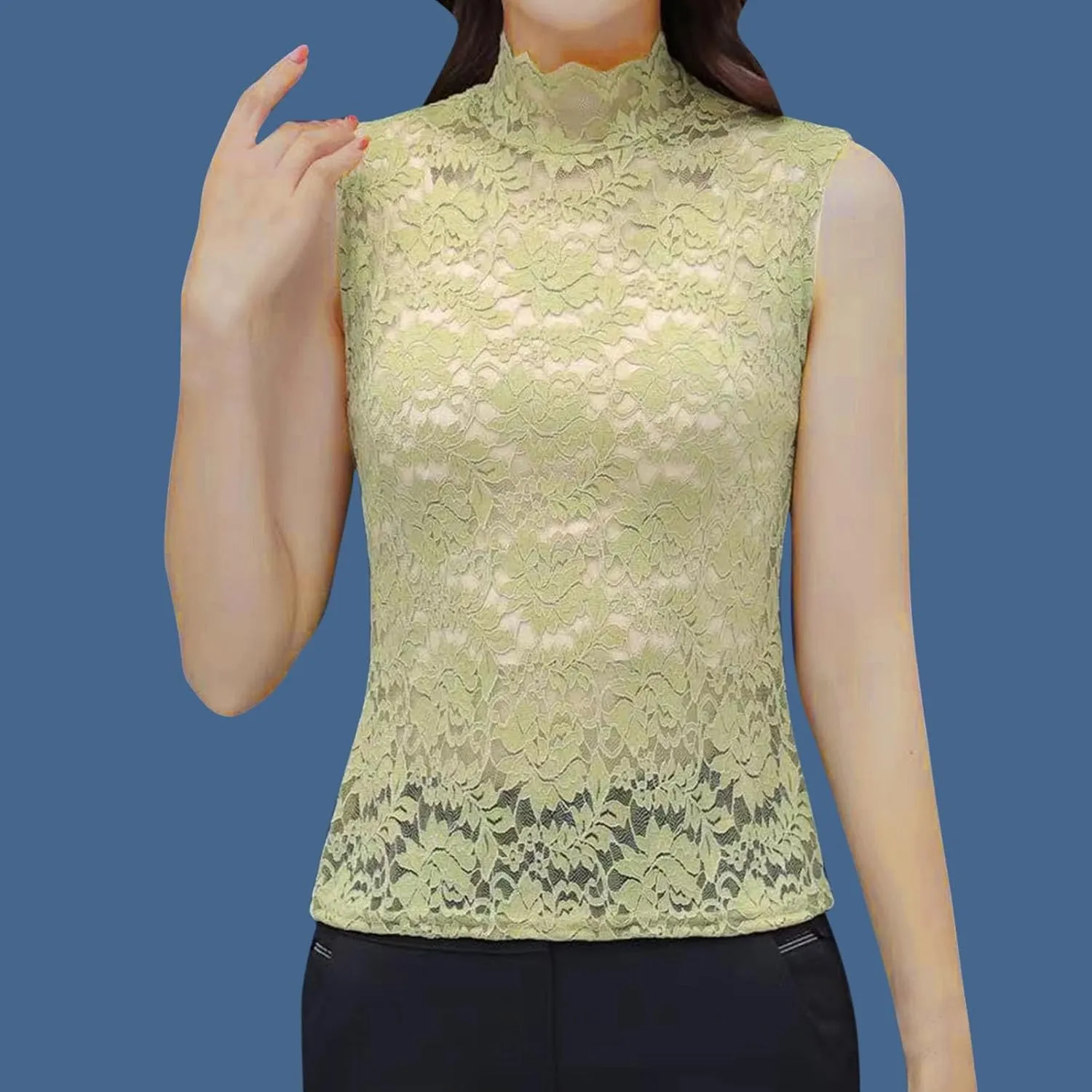 Lace Tops for Women Mock Neck Sleeveless Top Plus Size Shirts Casual Blouses Mesh Tunic Tees Fashion Pullovers