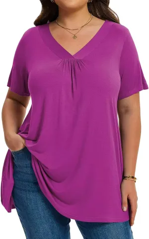 LARACE Plus Size Tops for Women Short Sleeve Women's V Neck Pleated Tunics Dressy T-Shirts Summer Clothes Loose Fit Blouses