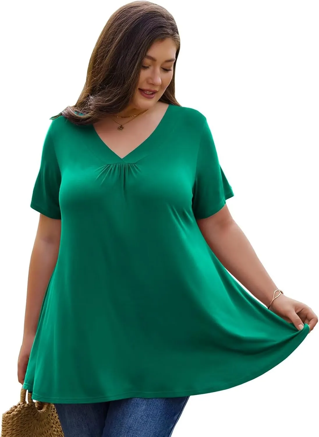LARACE Plus Size Tops for Women Short Sleeve Women's V Neck Pleated Tunics Dressy T-Shirts Summer Clothes Loose Fit Blouses