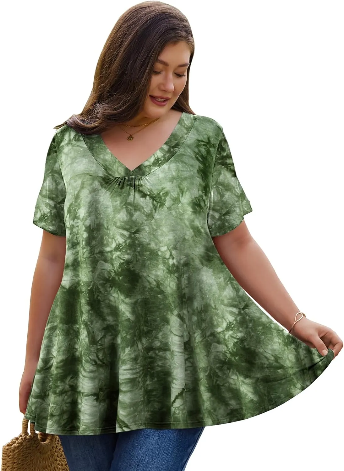 LARACE Plus Size Tops for Women Short Sleeve Women's V Neck Pleated Tunics Dressy T-Shirts Summer Clothes Loose Fit Blouses