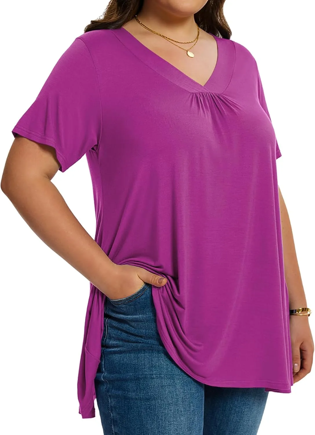 LARACE Plus Size Tops for Women Short Sleeve Women's V Neck Pleated Tunics Dressy T-Shirts Summer Clothes Loose Fit Blouses