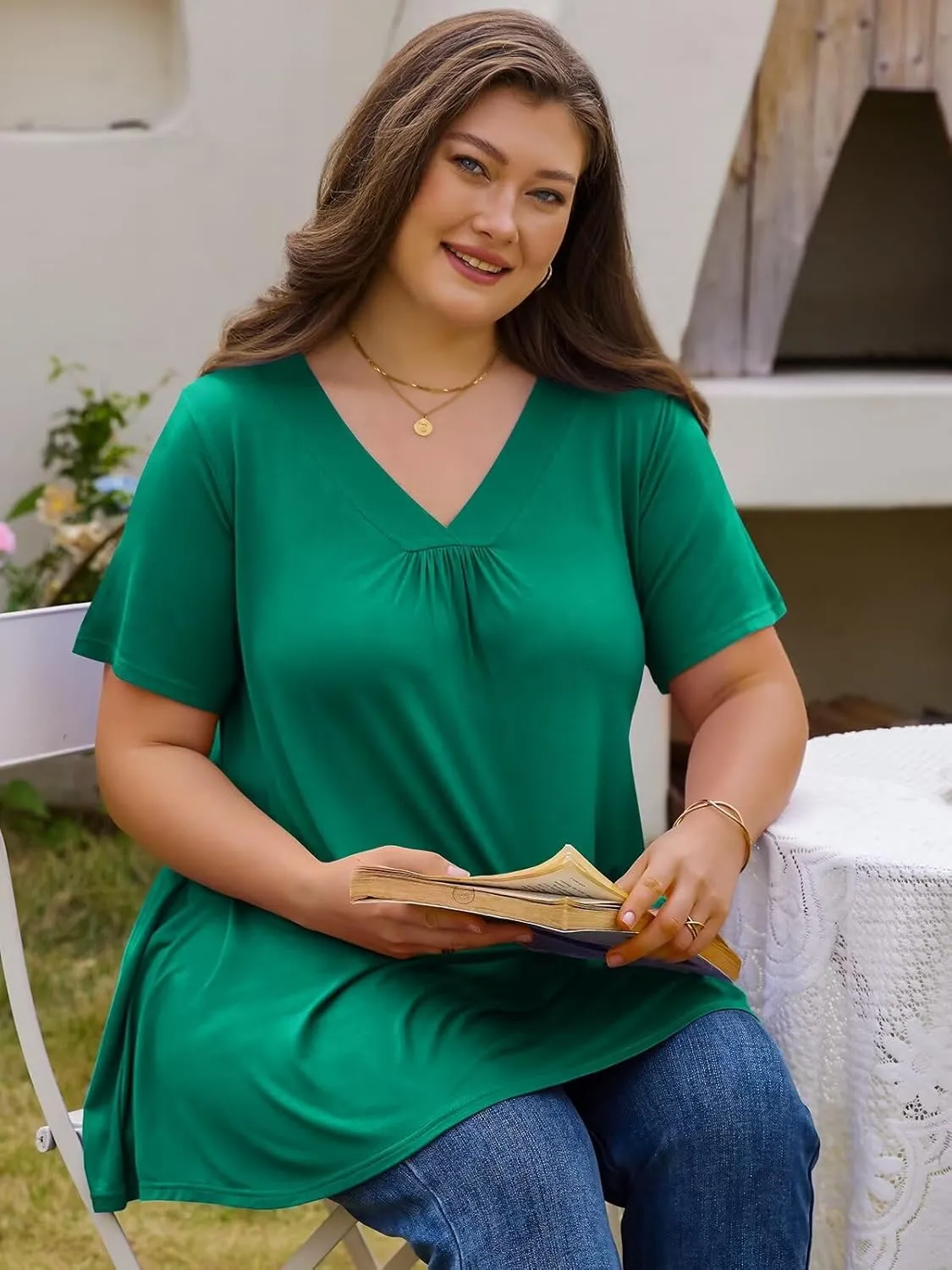 LARACE Plus Size Tops for Women Short Sleeve Women's V Neck Pleated Tunics Dressy T-Shirts Summer Clothes Loose Fit Blouses
