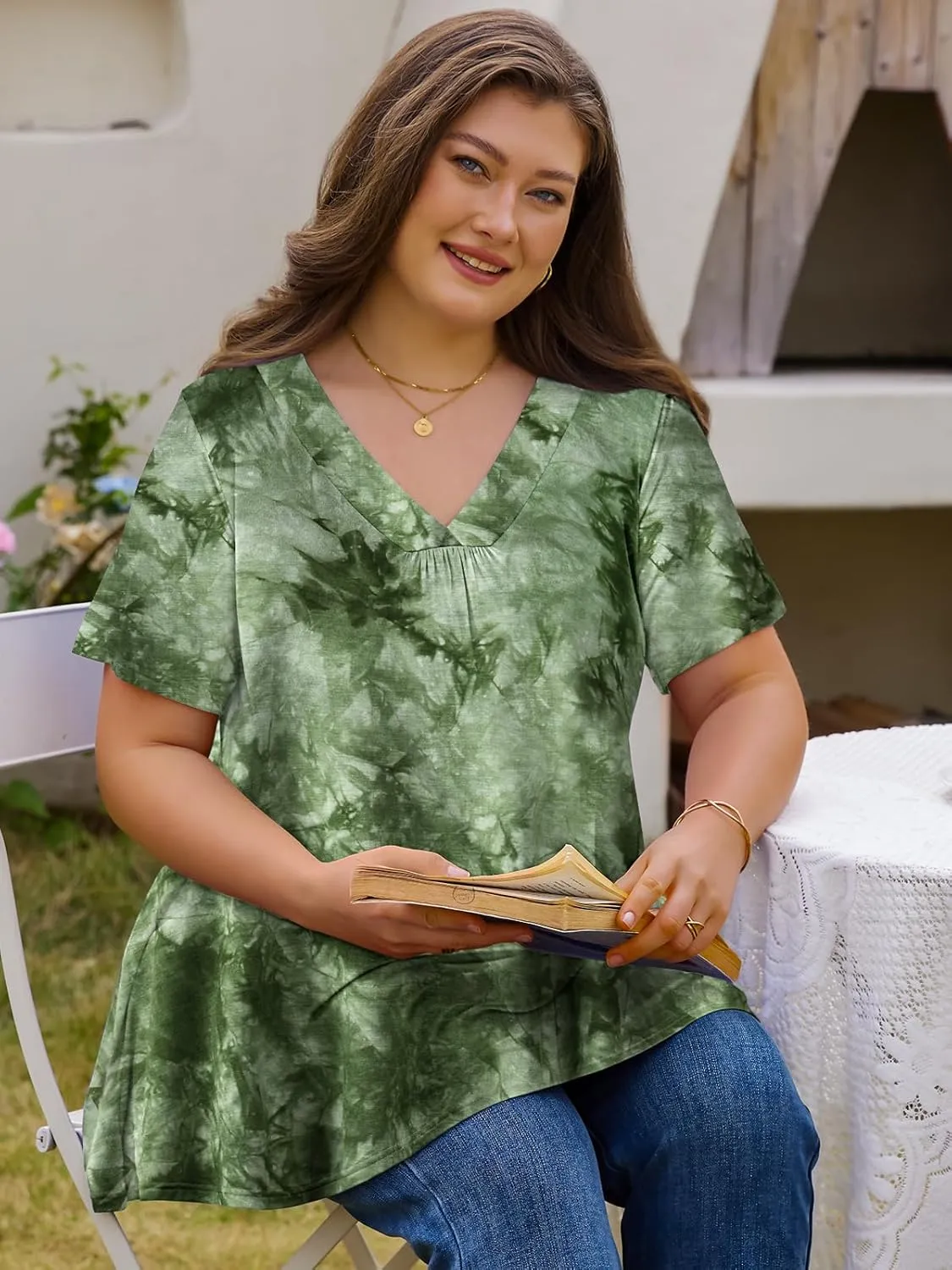 LARACE Plus Size Tops for Women Short Sleeve Women's V Neck Pleated Tunics Dressy T-Shirts Summer Clothes Loose Fit Blouses