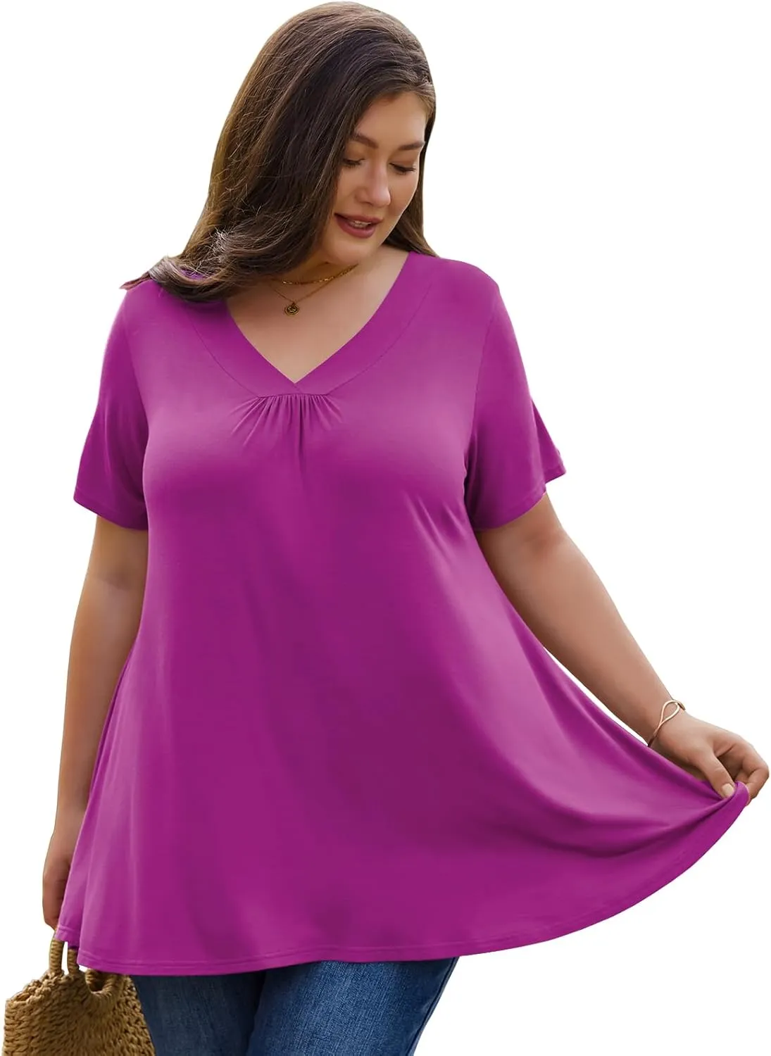 LARACE Plus Size Tops for Women Short Sleeve Women's V Neck Pleated Tunics Dressy T-Shirts Summer Clothes Loose Fit Blouses