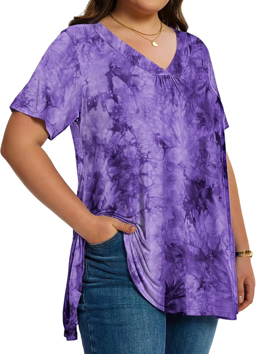 LARACE Plus Size Tops for Women Short Sleeve Women's V Neck Pleated Tunics Dressy T-Shirts Summer Clothes Loose Fit Blouses