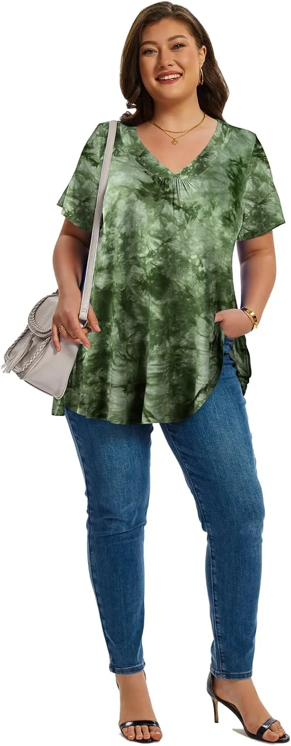 LARACE Plus Size Tops for Women Short Sleeve Women's V Neck Pleated Tunics Dressy T-Shirts Summer Clothes Loose Fit Blouses