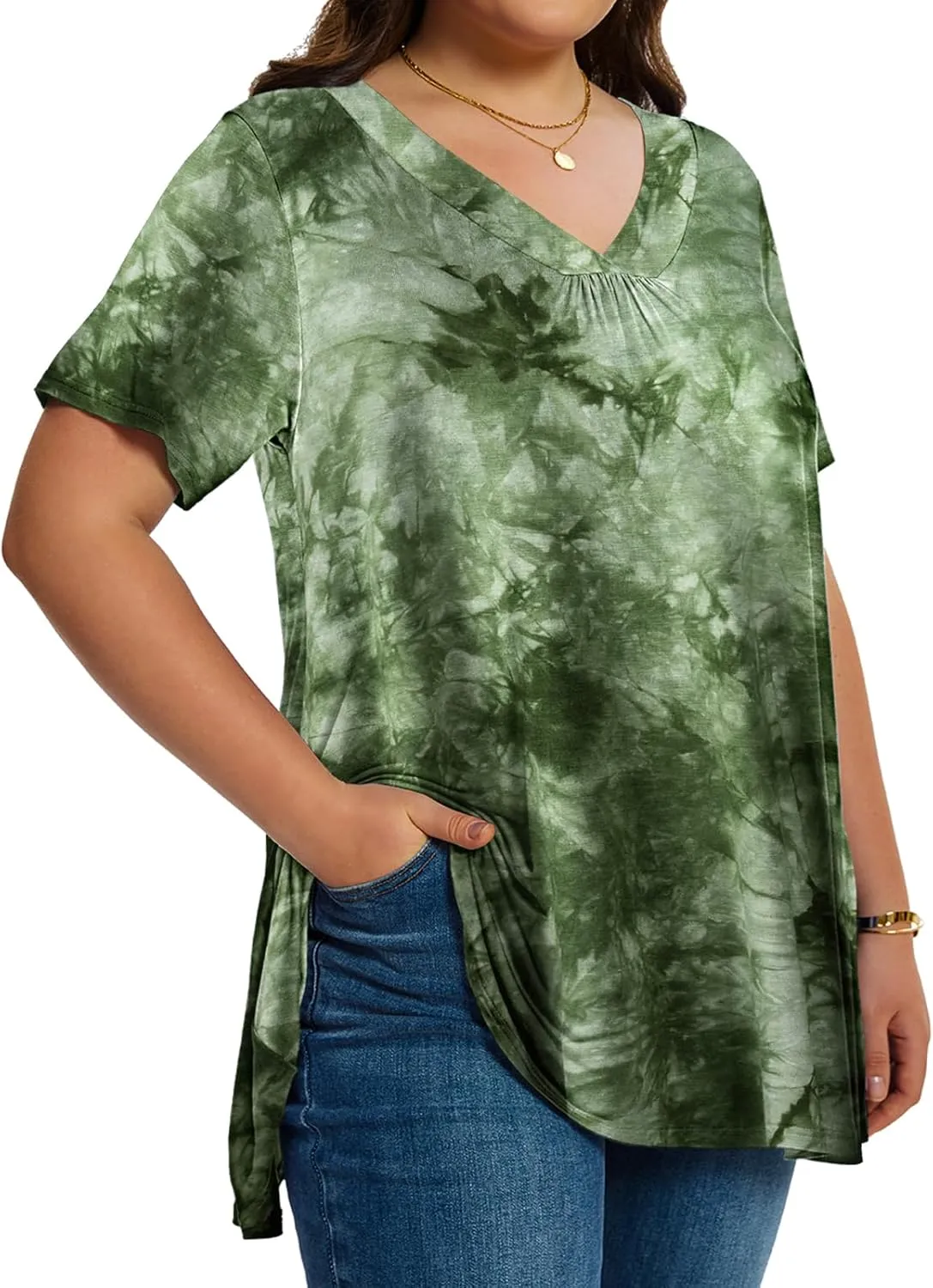 LARACE Plus Size Tops for Women Short Sleeve Women's V Neck Pleated Tunics Dressy T-Shirts Summer Clothes Loose Fit Blouses