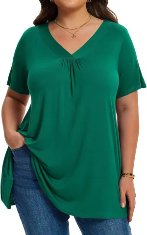 LARACE Plus Size Tops for Women Short Sleeve Women's V Neck Pleated Tunics Dressy T-Shirts Summer Clothes Loose Fit Blouses