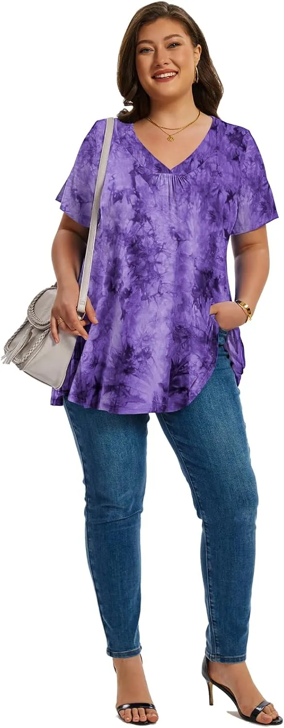 LARACE Plus Size Tops for Women Short Sleeve Women's V Neck Pleated Tunics Dressy T-Shirts Summer Clothes Loose Fit Blouses