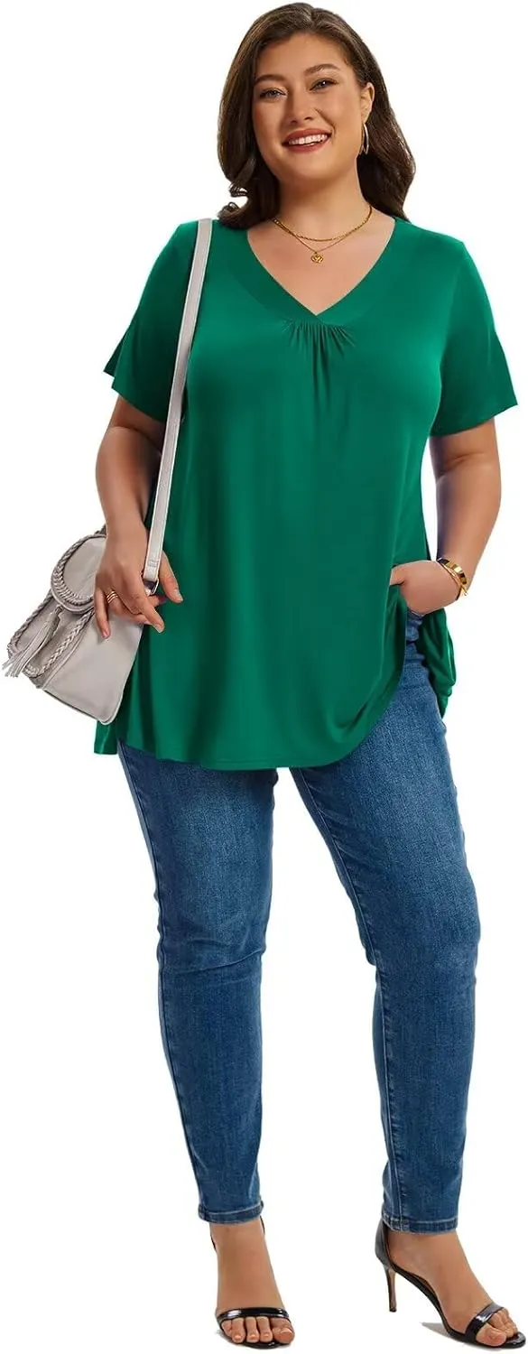 LARACE Plus Size Tops for Women Short Sleeve Women's V Neck Pleated Tunics Dressy T-Shirts Summer Clothes Loose Fit Blouses