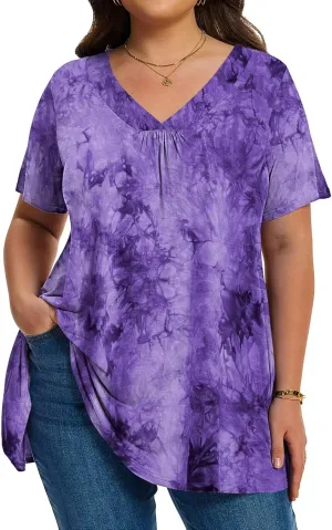 LARACE Plus Size Tops for Women Short Sleeve Women's V Neck Pleated Tunics Dressy T-Shirts Summer Clothes Loose Fit Blouses
