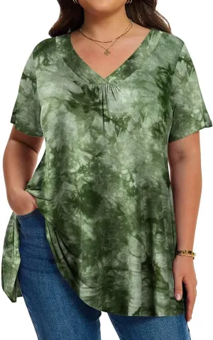 LARACE Plus Size Tops for Women Short Sleeve Women's V Neck Pleated Tunics Dressy T-Shirts Summer Clothes Loose Fit Blouses