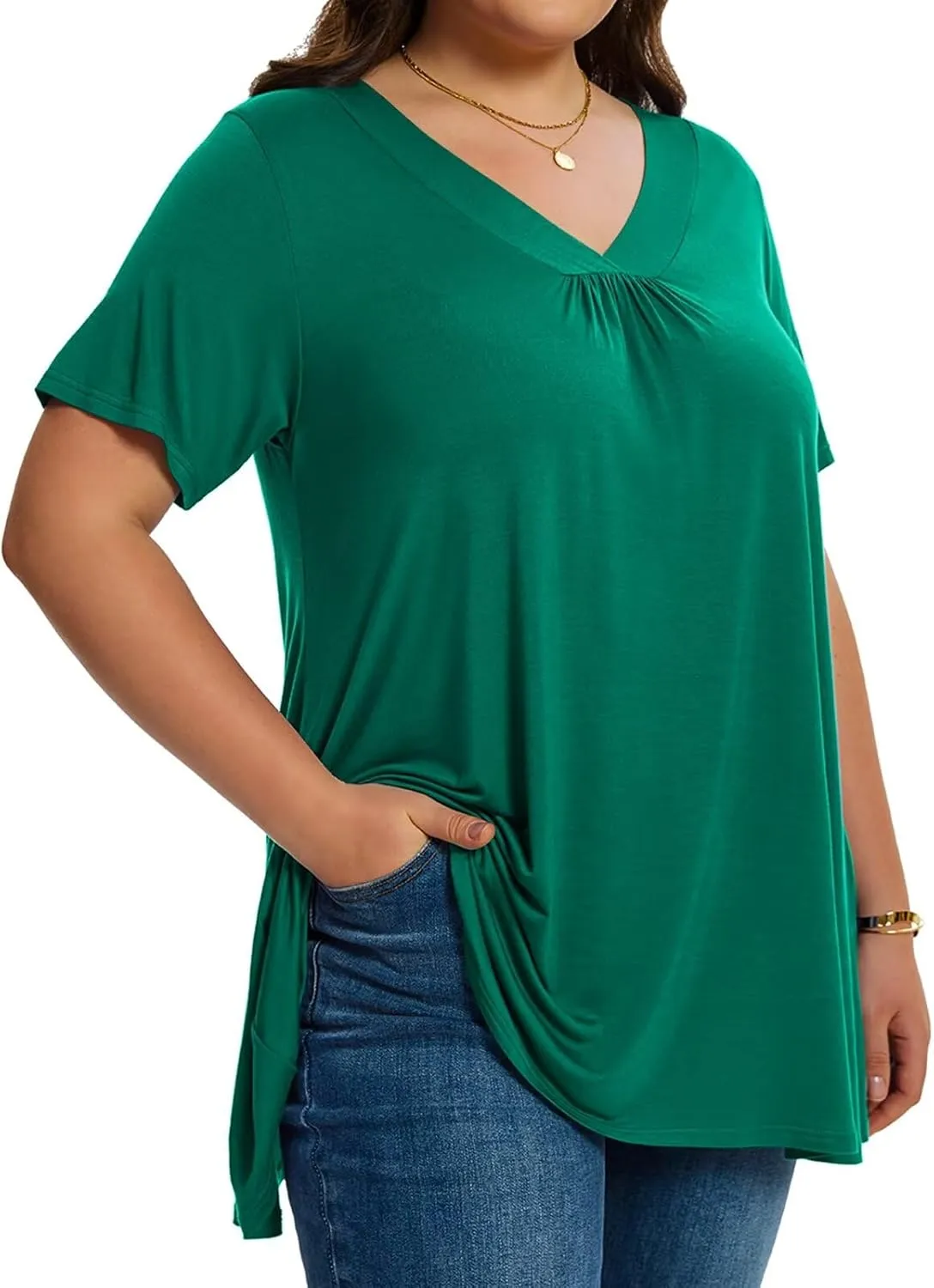 LARACE Plus Size Tops for Women Short Sleeve Women's V Neck Pleated Tunics Dressy T-Shirts Summer Clothes Loose Fit Blouses