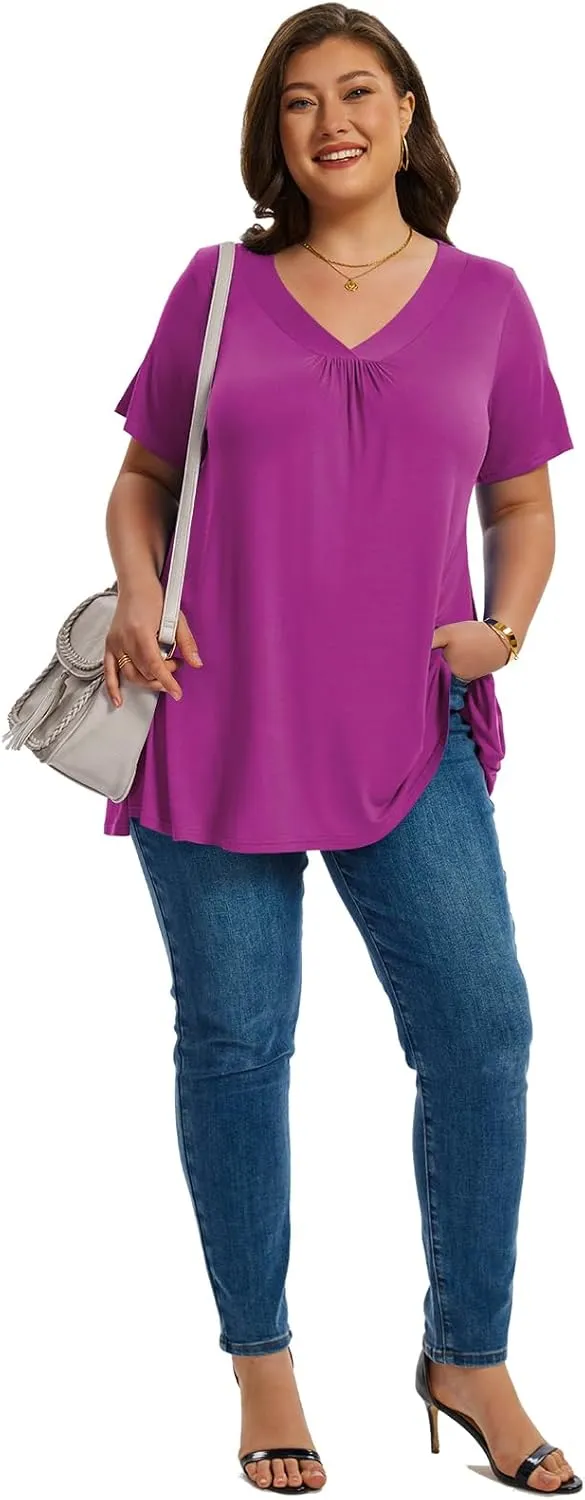 LARACE Plus Size Tops for Women Short Sleeve Women's V Neck Pleated Tunics Dressy T-Shirts Summer Clothes Loose Fit Blouses
