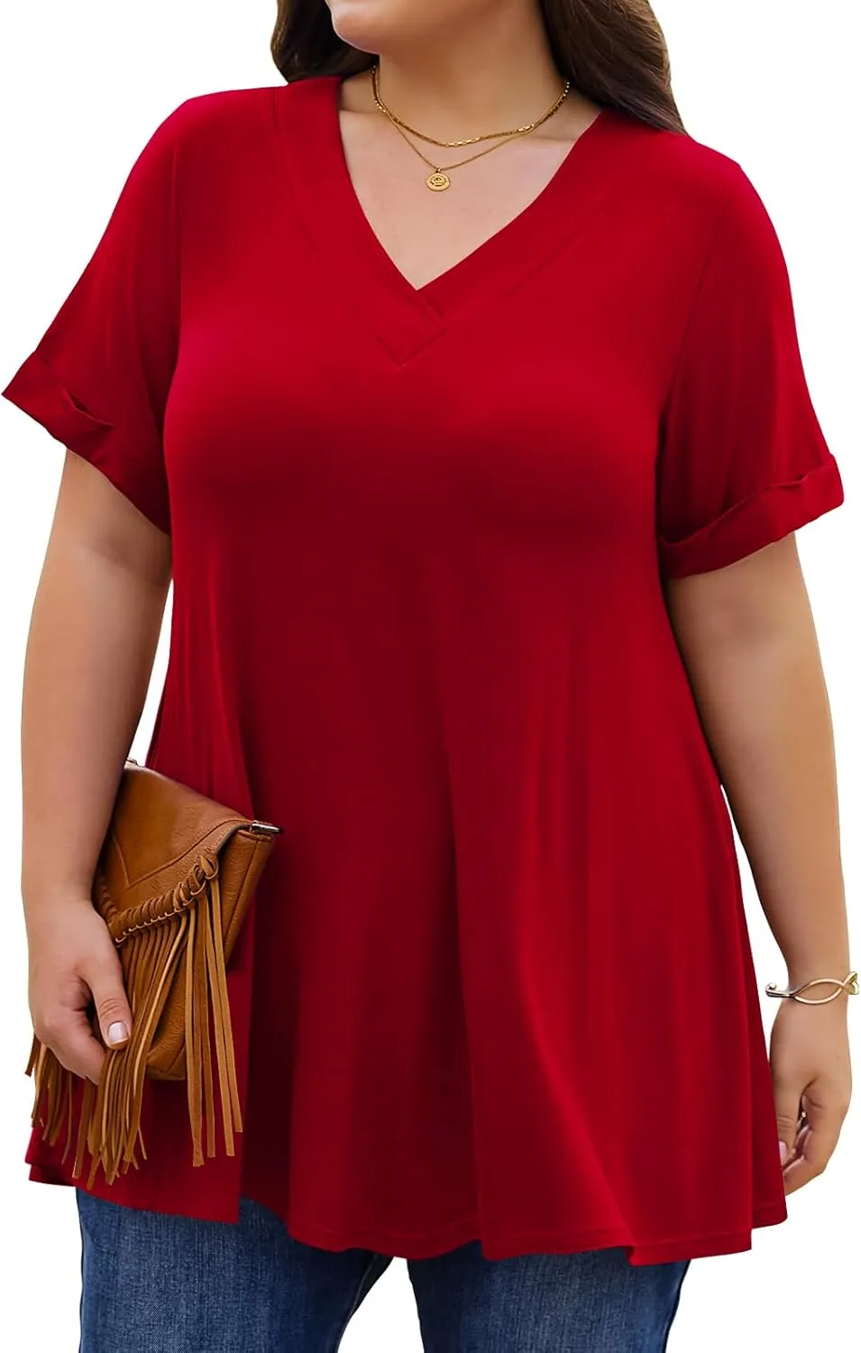 LARACE Women Plus Size Summer Tops Cuffed Short Sleeve Women's V Neck Tunics T-Shirts Blouses Clothes to Wear with Leggings