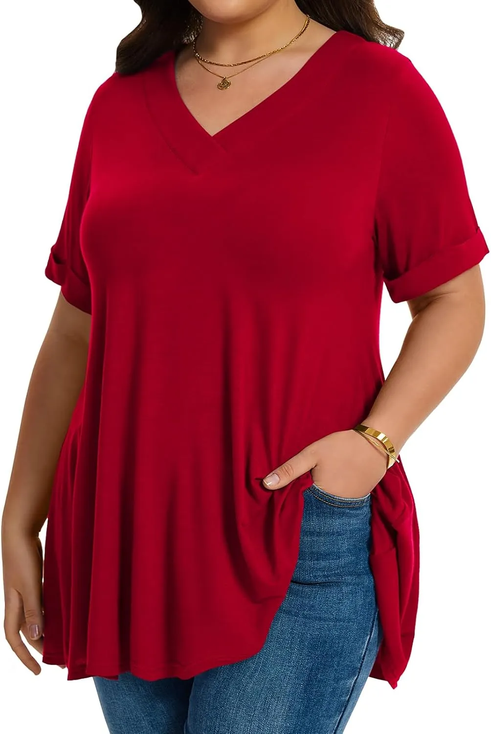 LARACE Women Plus Size Summer Tops Cuffed Short Sleeve Women's V Neck Tunics T-Shirts Blouses Clothes to Wear with Leggings