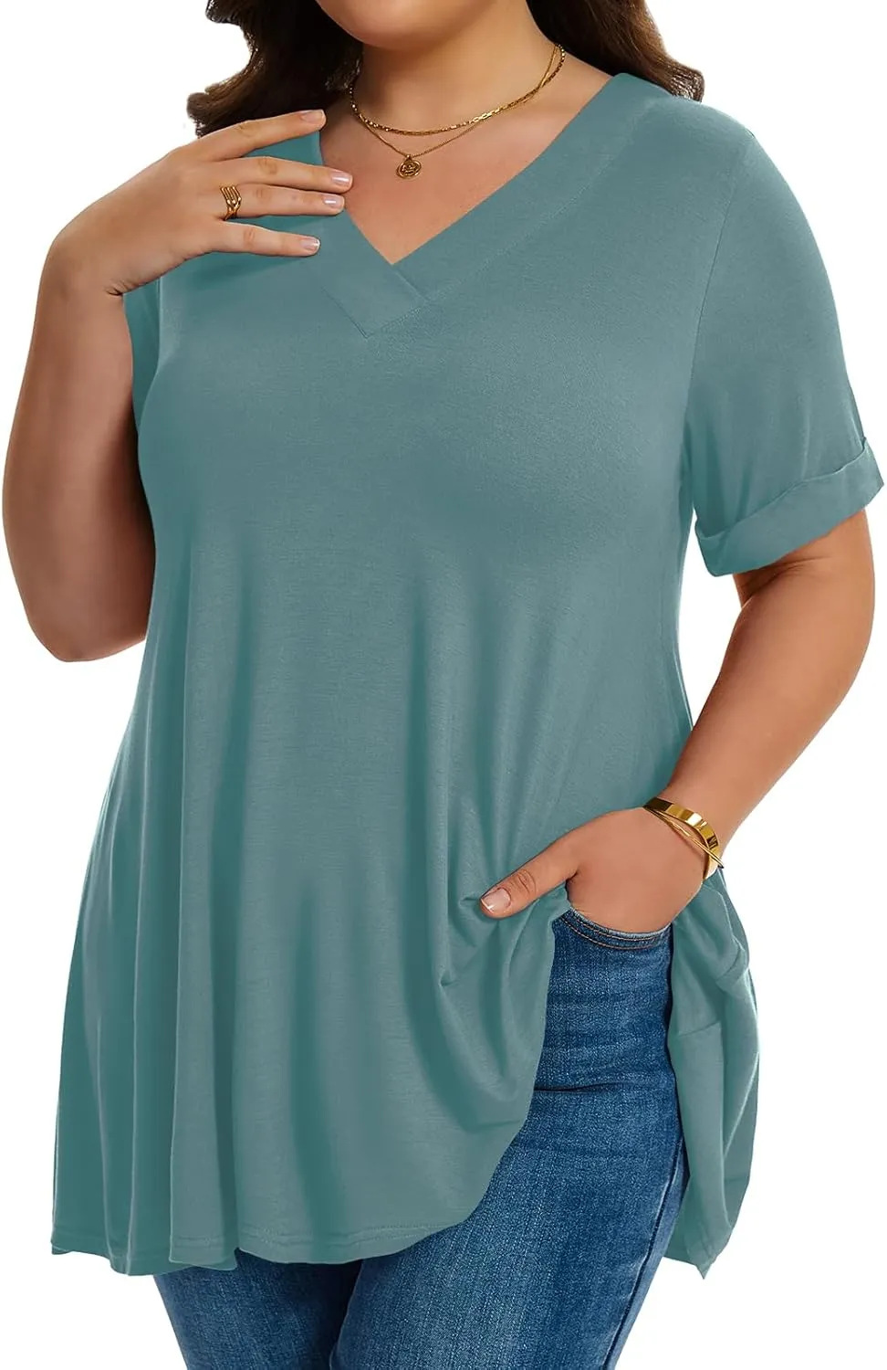 LARACE Women Plus Size Summer Tops Cuffed Short Sleeve Women's V Neck Tunics T-Shirts Blouses Clothes to Wear with Leggings