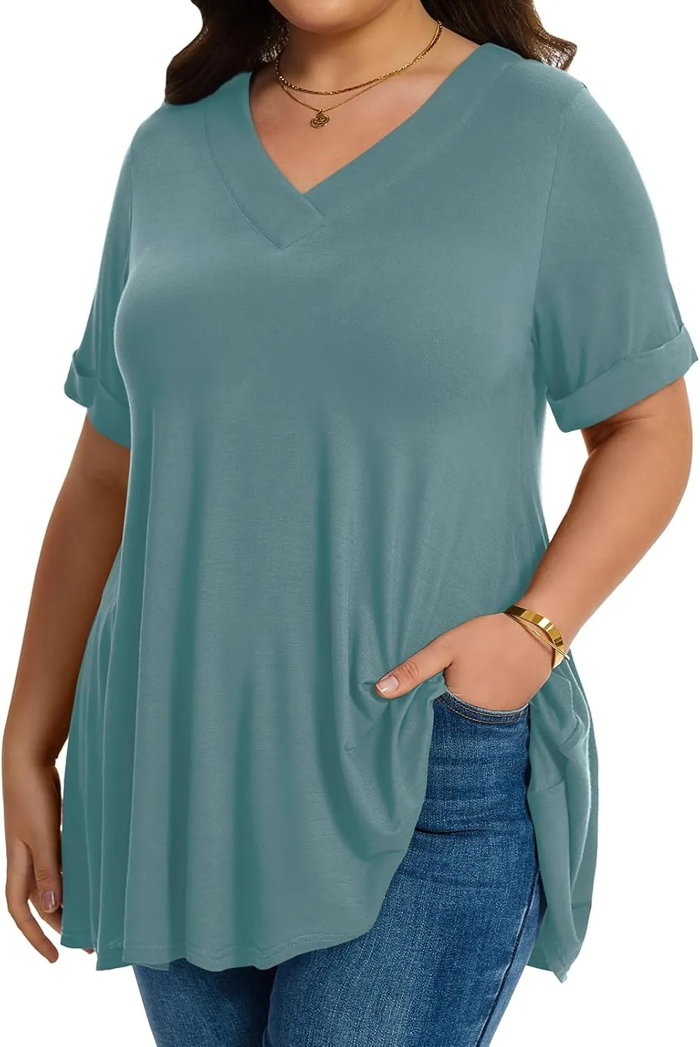 LARACE Women Plus Size Summer Tops Cuffed Short Sleeve Women's V Neck Tunics T-Shirts Blouses Clothes to Wear with Leggings
