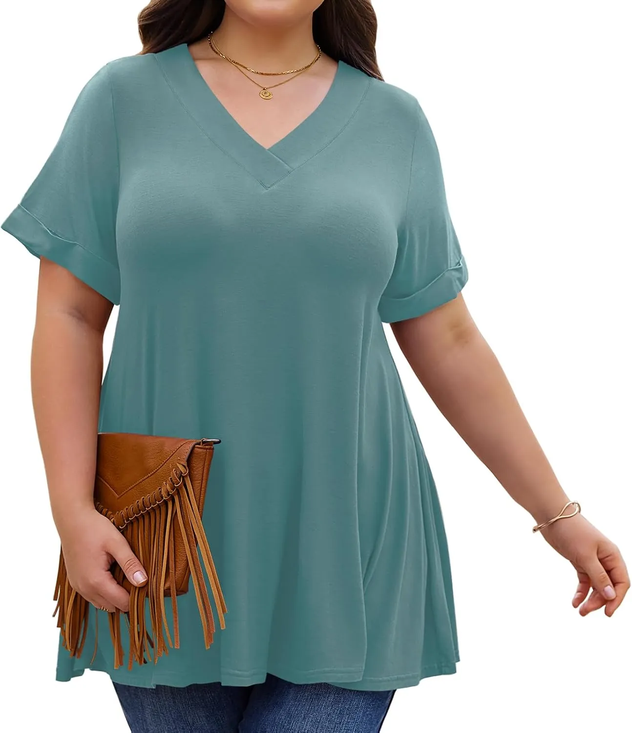 LARACE Women Plus Size Summer Tops Cuffed Short Sleeve Women's V Neck Tunics T-Shirts Blouses Clothes to Wear with Leggings