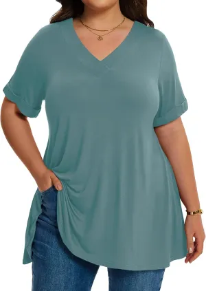 LARACE Women Plus Size Summer Tops Cuffed Short Sleeve Women's V Neck Tunics T-Shirts Blouses Clothes to Wear with Leggings