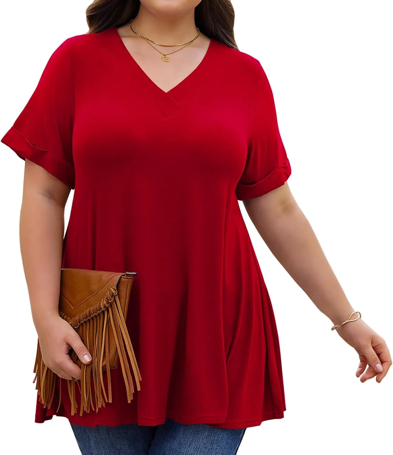 LARACE Women Plus Size Summer Tops Cuffed Short Sleeve Women's V Neck Tunics T-Shirts Blouses Clothes to Wear with Leggings