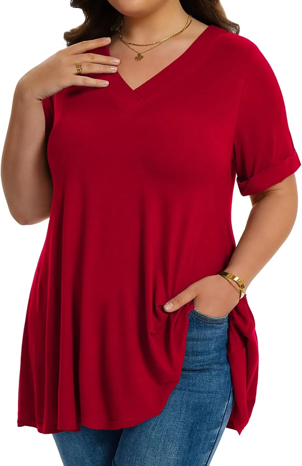 LARACE Women Plus Size Summer Tops Cuffed Short Sleeve Women's V Neck Tunics T-Shirts Blouses Clothes to Wear with Leggings
