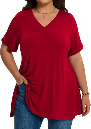 LARACE Women Plus Size Summer Tops Cuffed Short Sleeve Women's V Neck Tunics T-Shirts Blouses Clothes to Wear with Leggings