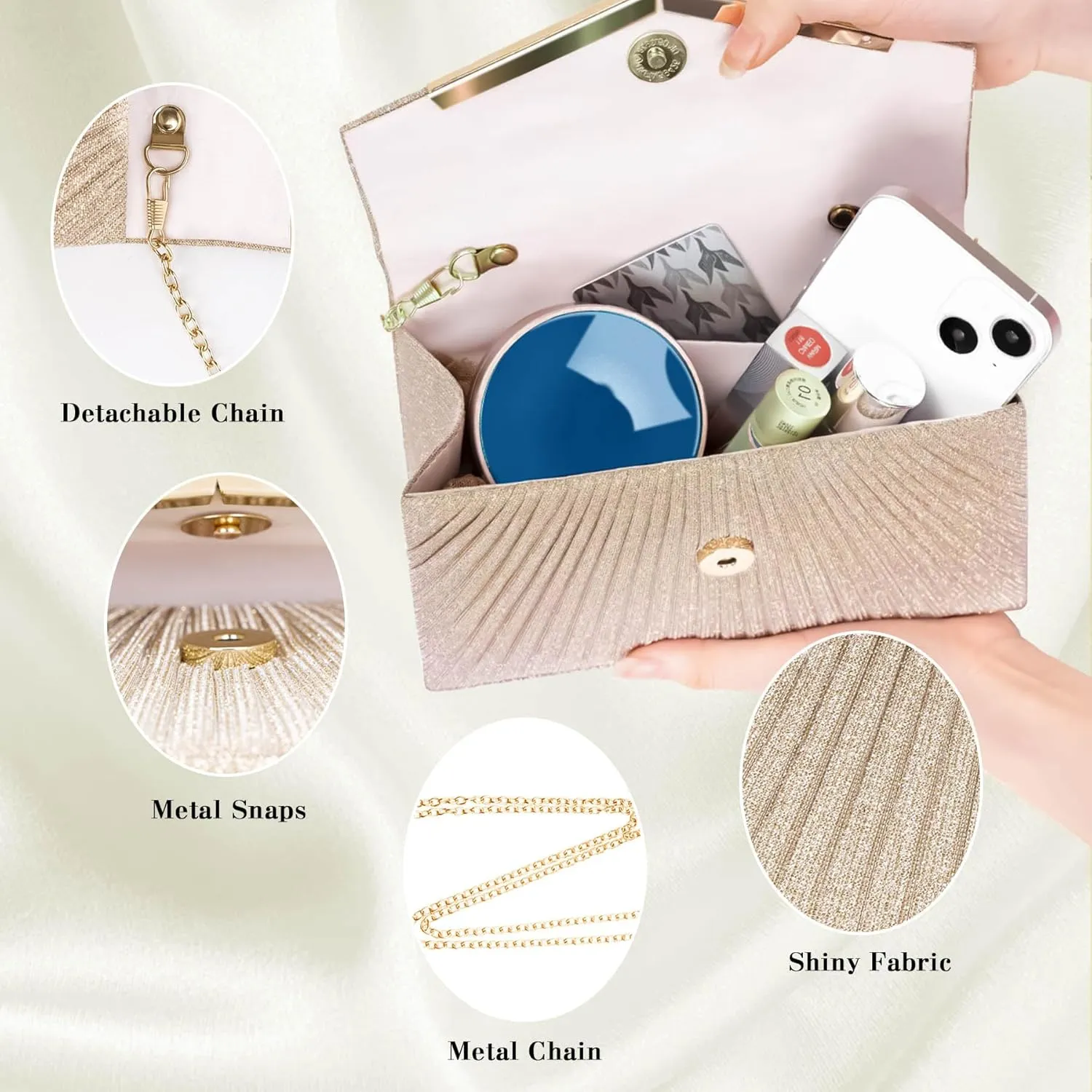 Larcenciel Women's Evening Handbags, Sparkly Pleated Evening Purse, Elegant Sequins Clutch for Wedding Formal Cocktail Party