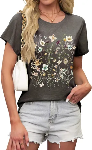LETSEE Womens Graphic T Shirts Boho Wildflower Shirts Vintage Floral Printed Tees Short Sleeve Trendy Tops for 2025