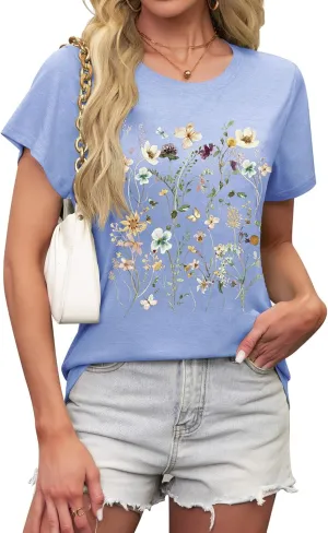LETSEE Womens Graphic T Shirts Boho Wildflower Shirts Vintage Floral Printed Tees Short Sleeve Trendy Tops for 2025