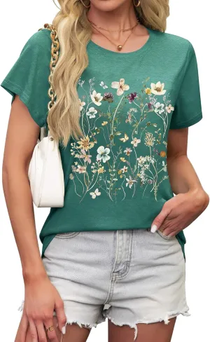 LETSEE Womens Graphic T Shirts Boho Wildflower Shirts Vintage Floral Printed Tees Short Sleeve Trendy Tops for 2025