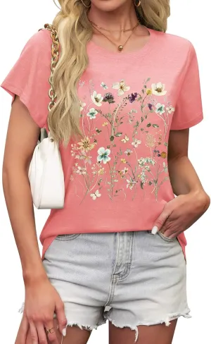 LETSEE Womens Graphic T Shirts Boho Wildflower Shirts Vintage Floral Printed Tees Short Sleeve Trendy Tops for 2025