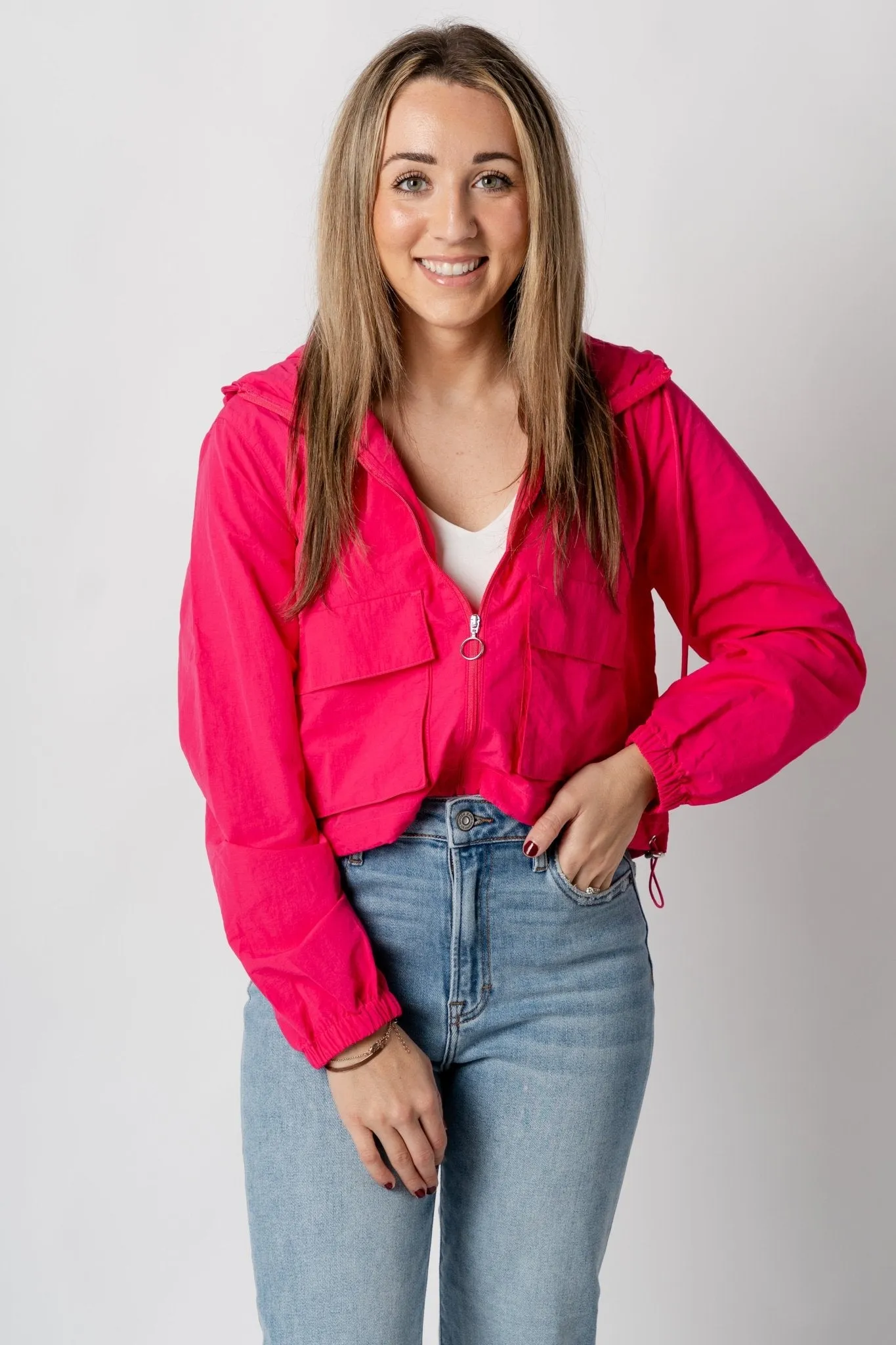 Lightweight nylon cargo jacket fuchsia